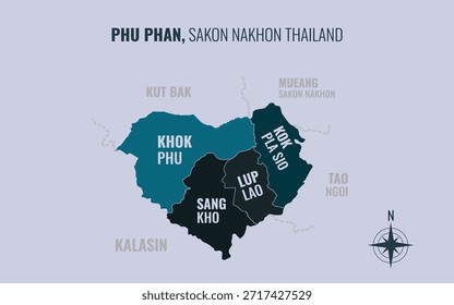 Mapa que muestra el distrito de Phu Phan Sakon Nakhon Tailandia dividido en subdistritos con patrones coloridos minimalistas