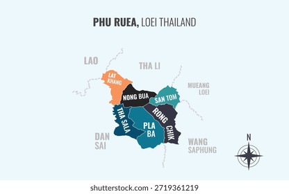 Mapa que muestra el distrito de Phu Ruea Loei Tailandia dividido en subdistritos con patrones coloridos minimalistas