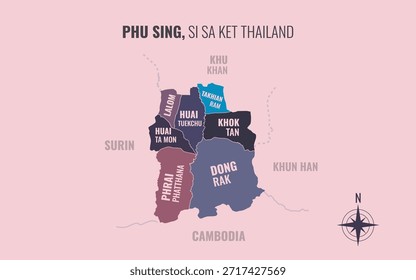 Mapa que muestra el distrito de Phu Sing Si Sa Ket Tailandia dividido en subdistritos con patrones coloridos minimalistas