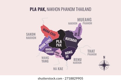 Mapa que muestra el distrito de Pla Pak Nakhon Phanom Tailandia dividido en subdistritos con patrones coloridos minimalistas