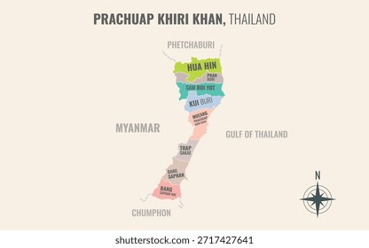 Un mapa que muestra Prachuap Khiri Khan Tailandia dividido en distritos en un estilo minimalista y colorido