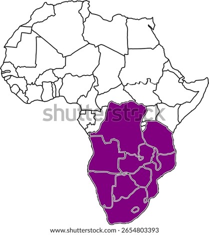 Map showing SADC member countries in Southern Africa with borders only, ideal for regional cooperation, development, and educational use.	