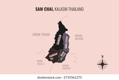 Mapa que muestra el distrito de Sam Chai Kalasin en Tailandia dividido en subdistritos con patrones coloridos minimalistas