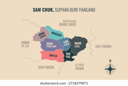 Mapa que muestra el distrito de Sam Chuk Suphan Buri Tailandia dividido en subdistritos con patrones coloridos minimalistas