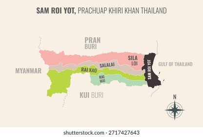 Mapa que muestra el distrito de Sam Roi Yot Prachuap Khiri Khan Tailandia dividido en subdistritos con patrones coloridos minimalistas