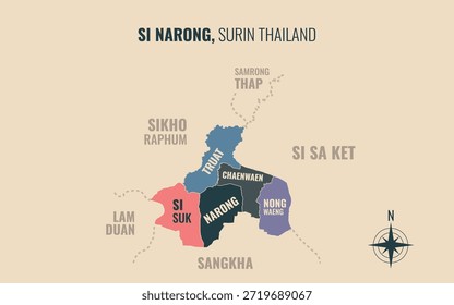Mapa mostrando o distrito de Si Narong Surin Thailand dividido em subdistritos com padrões coloridos minimalistas