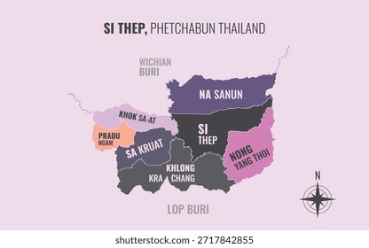 Mapa que muestra el distrito de Si Thep Phetchabun Tailandia dividido en subdistritos con patrones coloridos minimalistas
