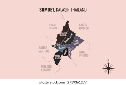 Mapa que muestra el distrito de Somdet Kalasin en Tailandia dividido en subdistritos con patrones coloridos minimalistas