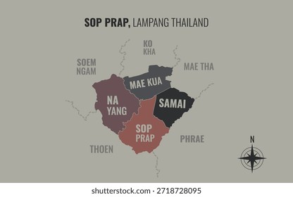 Mapa que muestra el distrito de Sop Prap Lampang Tailandia dividido en subdistritos con patrones coloridos minimalistas