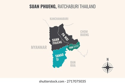 Mapa que muestra el distrito de Suan Phueng, Ratchaburi, Tailandia, dividido en subdistritos con patrones coloridos minimalistas
