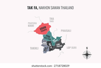 Mapa que muestra el distrito de Tak Fa en Nakhon Sawan, Tailandia, dividido en subdistritos con patrones coloridos minimalistas