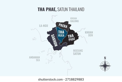 Map showing Tha Phae District Satun Thailand divided into sub districts with minimalist colorful patterns