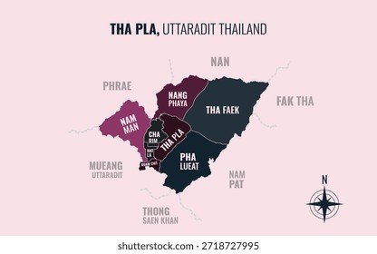 Mapa que muestra el distrito de Tha Pla, Uttaradit, Tailandia, dividido en subdistritos con patrones coloridos minimalistas