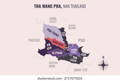 Mapa que muestra el distrito de Tha Wang Pha en Nan Tailandia dividido en subdistritos con patrones coloridos minimalistas