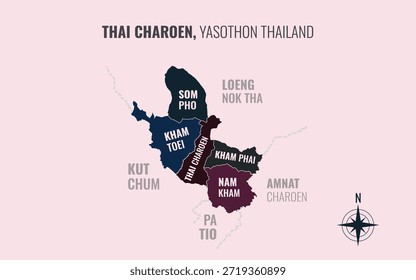 Mapa que muestra el distrito tailandés de Charoen Yasothon Tailandia dividido en subdistritos con patrones coloridos minimalistas