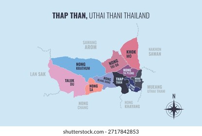 Mapa que muestra el distrito de Thap Than Uthai Thani Tailandia dividido en subdistritos con patrones coloridos minimalistas