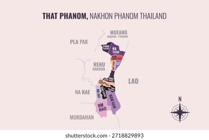 Mapa que muestra que el distrito de Phanom Nakhon Phanom Tailandia se divide en subdistritos con patrones coloridos minimalistas