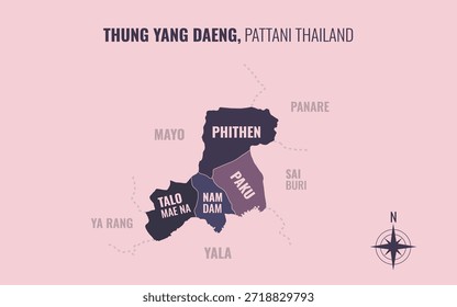 Mapa que muestra el distrito de Thung Yang Daeng en Pattani, Tailandia, dividido en subdistritos con patrones coloridos minimalistas