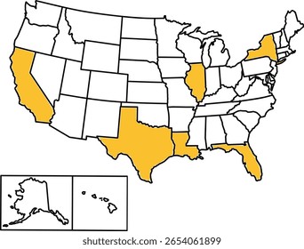 Mapa mostrando os principais estados de exportação dos EUA com fronteiras claras, ideal para análise comercial, economia, logística e fins educacionais ou empresariais.	
