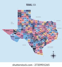 A map showing TX Texas USPS into County in a minimalist colorful style