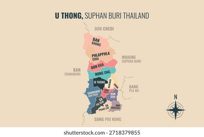 Mapa que muestra el distrito de U Thong, Suphan Buri, Tailandia, dividido en subdistritos con patrones coloridos minimalistas