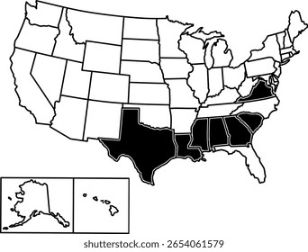 Mapa mostrando a região do Cinturão Negro dos EUA com fronteiras estaduais, ideal para história, agricultura, demografia e visualização educacional.