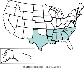 Mapa que mostra os estados americanos do Cinturão de Algodão com fronteiras claras, ideais para agricultura, história, economia e visualização educacional ou cultural.	
