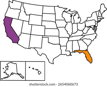 Mapa mostrando os estados do Cinturão de Frutas dos EUA, destacando a Flórida (laranjas) e a Califórnia (uvas), ideais para agricultura, alimentação e educação agrícola.	