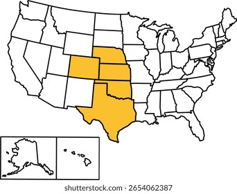 Mapa mostrando os estados americanos do Cinturão de Trigo de inverno com fronteiras claras, ideal para agricultura, mapeamento de culturas, educação e análise agrícola.	