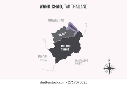 Mapa que muestra el distrito de Wang Chao en Tailandia dividido en subdistritos con patrones coloridos minimalistas