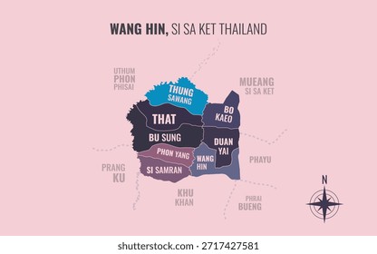 Mapa que muestra el distrito de Wang Hin Si Sa Ket Tailandia dividido en subdistritos con patrones coloridos minimalistas