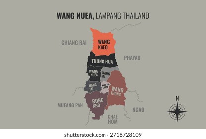 Mapa que muestra el distrito de Wang Nuea Lampang Tailandia dividido en subdistritos con patrones coloridos minimalistas