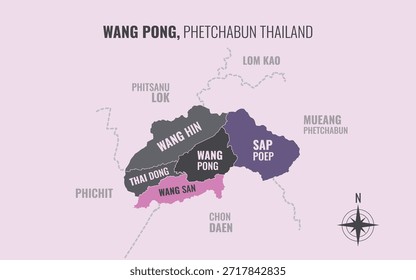 Mapa que muestra el distrito de Wang Pong Phetchabun Tailandia dividido en subdistritos con patrones coloridos minimalistas