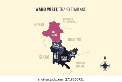 Mapa que muestra el distrito de Wang Wiset Trang Tailandia dividido en subdistritos con patrones coloridos minimalistas