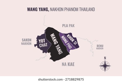 Mapa que muestra el distrito de Wang Yang Nakhon Phanom Tailandia dividido en subdistritos con patrones coloridos minimalistas