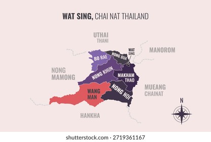 Mapa que muestra el distrito de Wat Sing Chai Nat Tailandia dividido en subdistritos con patrones coloridos minimalistas