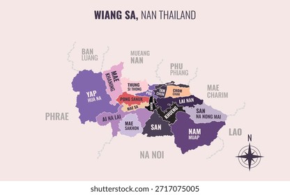 Mapa que muestra el distrito de Wiang Sa Nan Tailandia dividido en subdistritos con patrones coloridos minimalistas