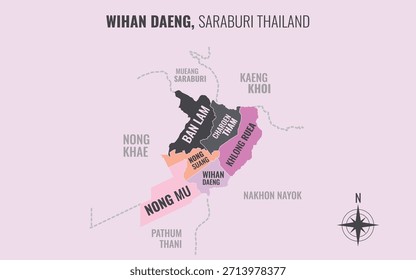 Mapa que muestra el distrito de Wihan Daeng en Saraburi, Tailandia, dividido en subdistritos con patrones coloridos minimalistas