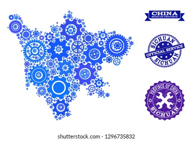 Map of Sichuan Province designed with blue engine symbols, and isolated rubber stamps for official repair services.