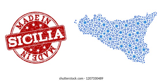 Map of Sicilia Island vector mosaic and Made In grunge stamp. Map of Sicilia Island created with blue engine connections. Made in red seal with grunge rubber texture.