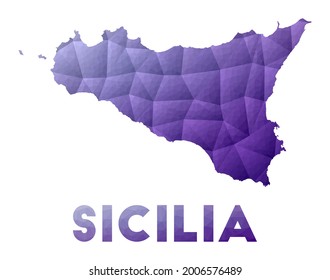 Mapa de Sicilia. Baja ilustración policial de la isla. Diseño geométrico púrpura. Ilustración vectorial poligonal.