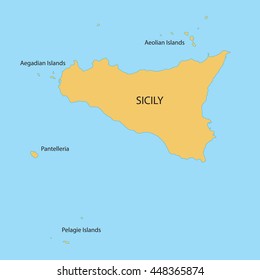 map of Sicily Region with names of islands, Italy