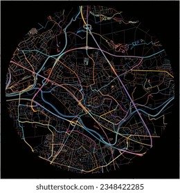 Map of Siegburg, North Rhine-Westphalia with all major and minor roads, railways and waterways. Colorful line art on black background.