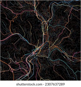 Map of Siegen, North Rhine-Westphalia with all major and minor roads, railways and waterways. Colorful line art on black background.