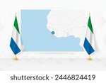 Map of Sierra Leone and flags of Sierra Leone on flag stand. Vector illustration for diplomacy meeting.