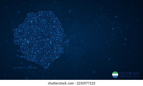 Map of Sierra Leone modern design with polygonal shapes on dark blue background. Business wireframe mesh spheres from flying debris. Blue structure style vector illustration concept.