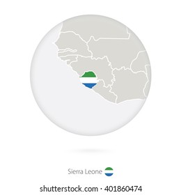 Map of Sierra Leone and national flag in a circle. Sierra Leone map contour with flag. Vector Illustration.