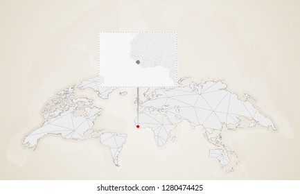 Map of Sierra Leone with neighbor countries pinned on world map. Abstract triangles World Map.