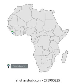 Map of Sierra Leone with an official flag. Location on the continent of Africa