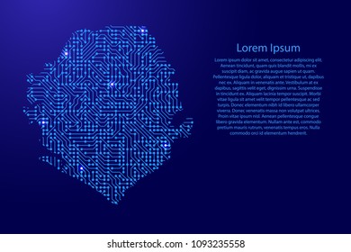 Map Sierra Leone from printed board, chip and radio component with blue star space on the contour for banner, poster, greeting card. Computer electronics processor motherboard. Vector illustration. 